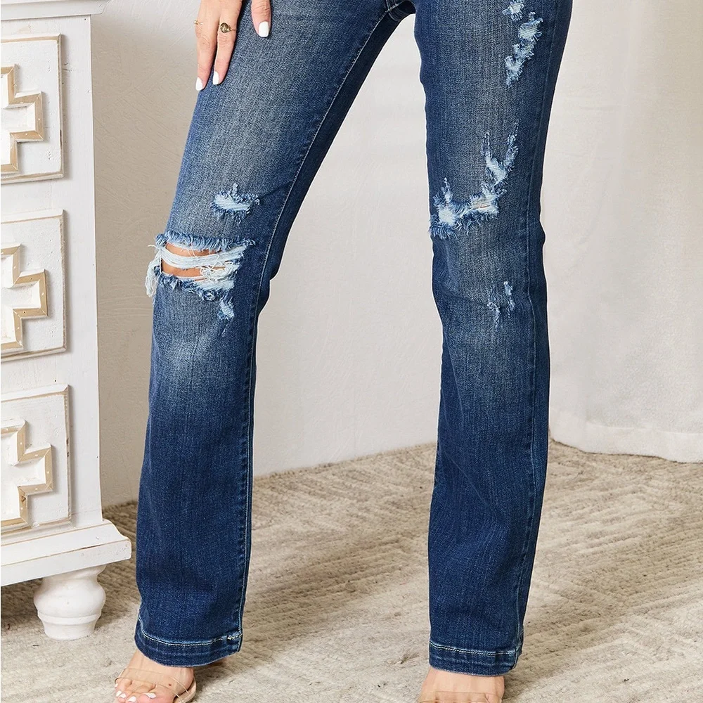 LIMITED TIME ONLY Judy Blue Full Size Mid Rise Hand Sand & Destroy Bootcut Jeans - Picture 7 of 16